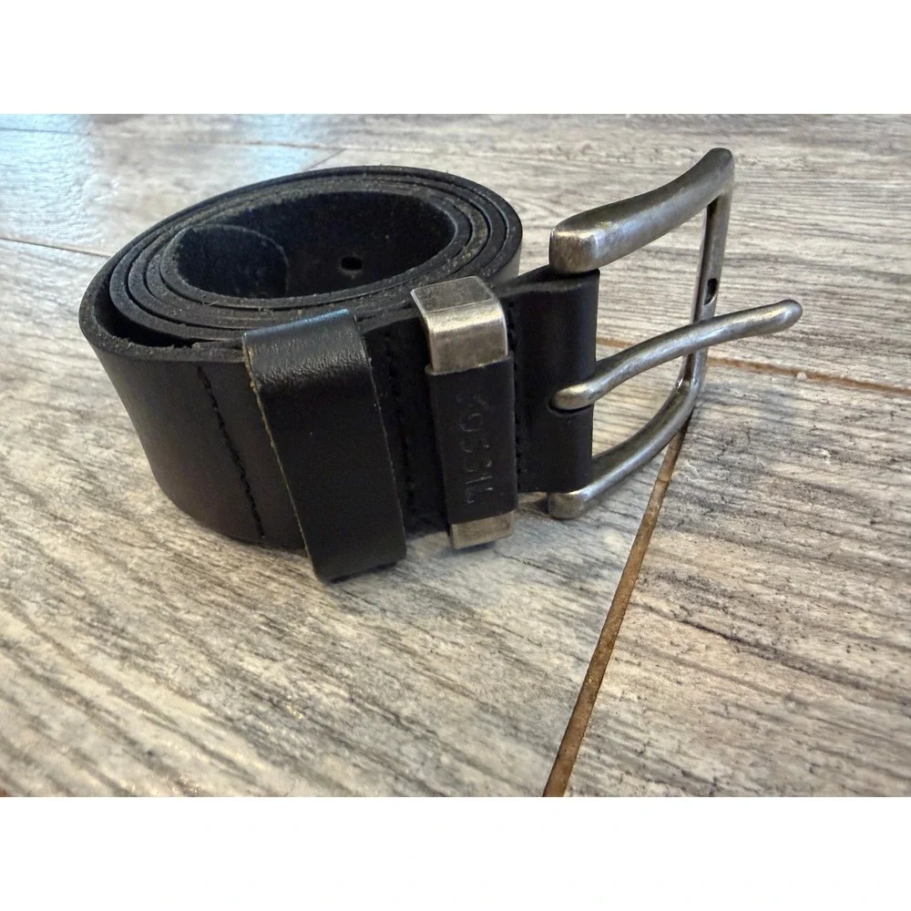 Fossil Jay Genuine Leather Belt 38 Black MB136100138 Single Prong Buckle Mens